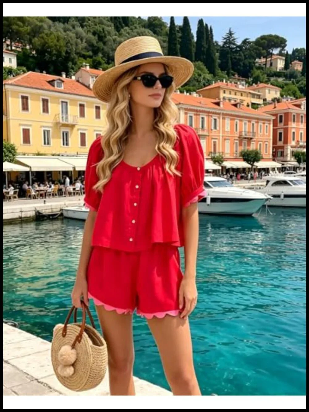 Linen Cotton Two Piece Short Set Button Down Puff Sleeve Scalloped Hem Casual